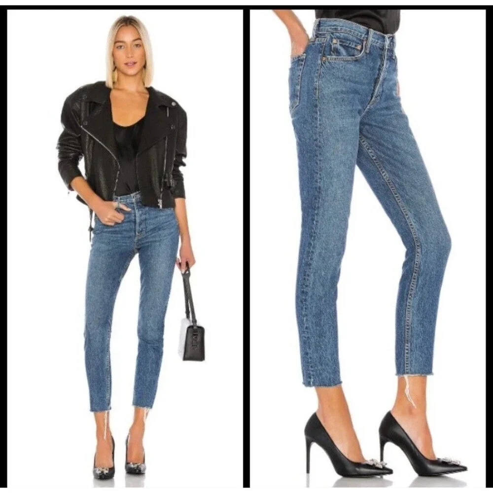 Grlfrnd Denim Blue Jeans Karolina Dark Wash Size 24 Raw Hem‎ Forget Me Never